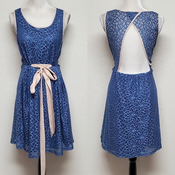 Anthropologie Dresses & Skirts - Anthropologie A'reve Blue Semi-sheer Lace Cut-out Peek-a-boo Back Midi Dress L
